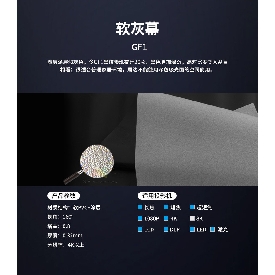XY银幕高清软灰抗光幕高对比度幕布