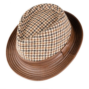 中年绅士斜纹千鸟格毛呢牛皮礼帽遮阳爵士卷边平顶真皮骑士帽子男