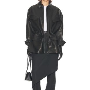 欧美植鞣头层绵羊皮廓形女士皮衣小翻领收腰真皮工装 夹克落肩外套