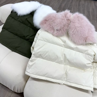 天使之翼大翻领雪白狐狸毛领牛角扣天鹅绒内胆短款羽绒服女派克服