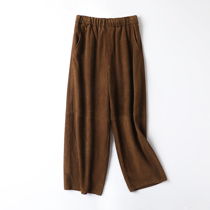 复古美拉德反绒羊皮奶奶裤女松紧高腰宽松遮肉阔腿磨毛真皮九分裤,女装/女士精品,皮裤,淘宝优惠券,粉丝福利购,淘宝优惠卷