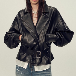 机车风轻蜡植鞣绵羊皮系腰带短款 领宽松夹克皮衣 外套潮女真皮西装