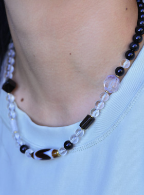 黑玛瑙珠链男拼色白水晶项链女虎牙天珠原创设计款简约时尚锁骨链