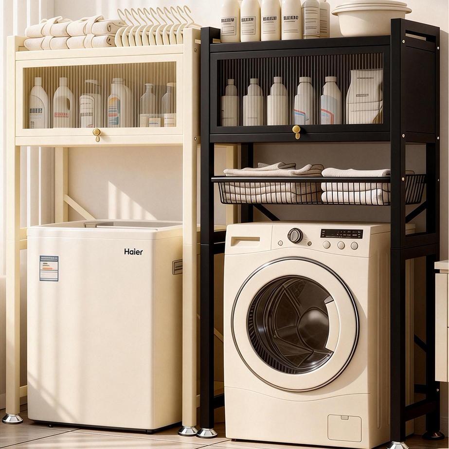 26新款加厚洗衣机上方置物架子阳台卫生间翻盖滚筒上部落地收纳柜