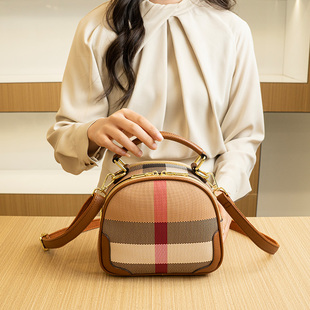真皮质感小方包女包包大气2025新款帆布简约百搭格子斜挎包小圆包