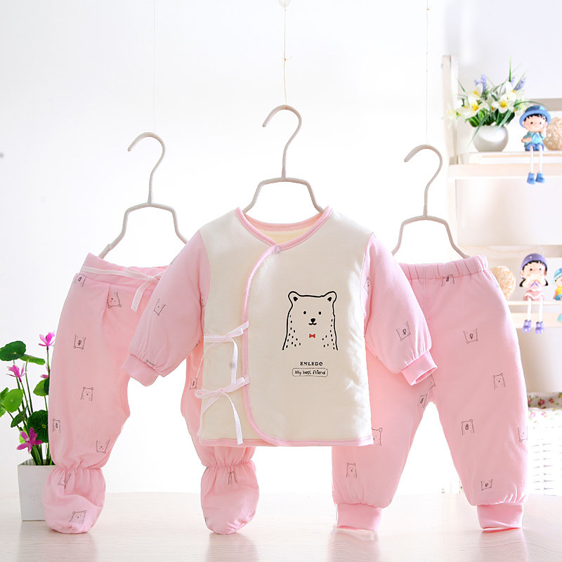 婴乐岛秋冬新生儿婴儿宝宝绑带开胸内衣装加厚家居服夹袄三件套