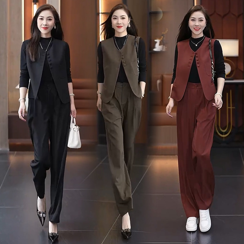 时尚套装女秋2025年秋季新款洋气马甲高腰直筒裤气质名媛三件套潮