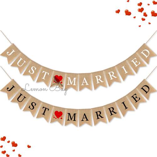 just married情人节求婚横幅 婚礼派对拍照拉旗 麻布装饰品