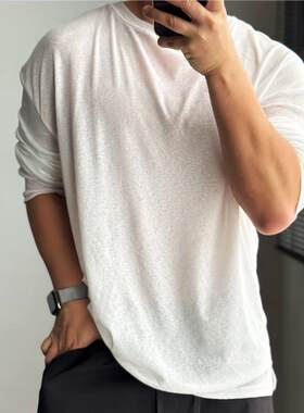 春夏超薄透气防晒圆领长袖T恤轻薄休闲时尚百搭纯色简约男士上衣