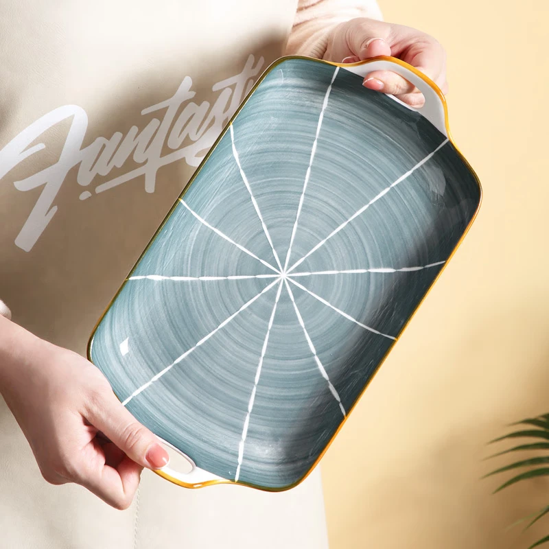 日式陶瓷鱼盘子菜盘家用新款蒸鱼盘子大号创意釉下彩长形装鱼餐具