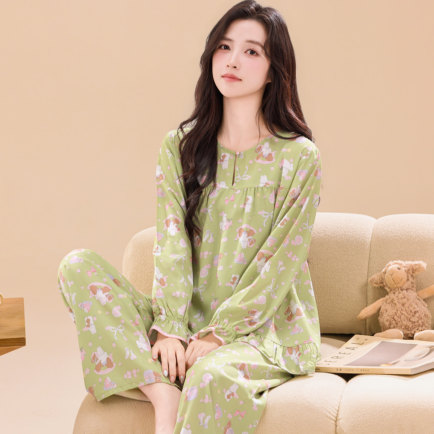 绵绸睡衣女夏薄款长袖纯棉绸空调服卡通中年妈妈可外穿家居服套装