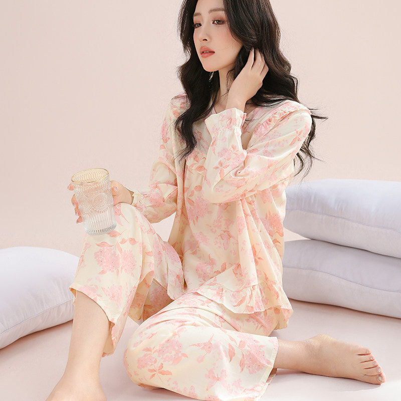 睡衣女夏季纯棉绵绸薄款长袖空调服透气健康女装可外穿家居服套装