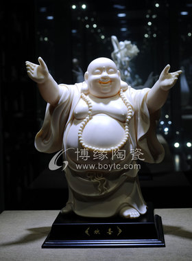 欢喜开杯德化白瓷玉黄陶瓷弥勒弥勒佛顶开立地客厅办公室装饰摆件