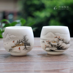 手绘山水雪景主人杯玉脂瓷羊脂玉龙旦杯高雅大气领导大号礼盒装