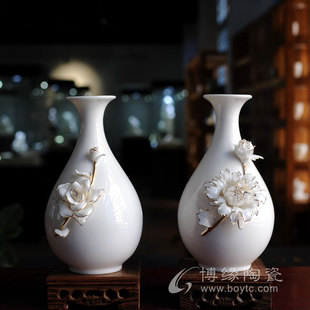 手工花瓶牡丹茶花陶瓷描金玉壶春瓶德化白瓷花瓶桌面古典风装饰品