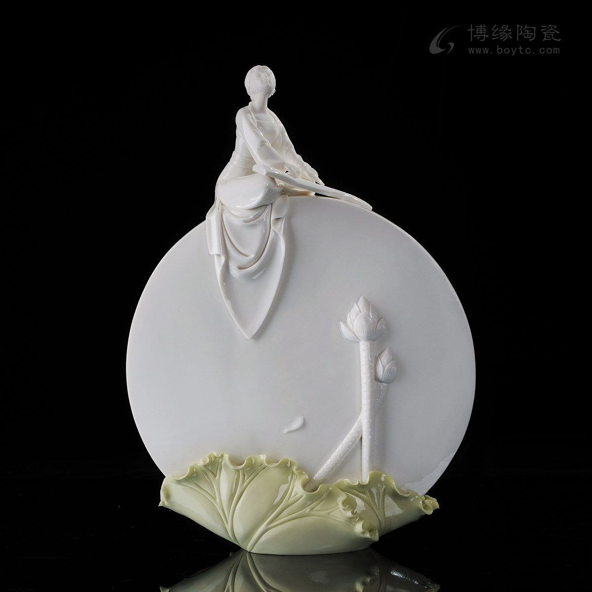 荷塘月色 德化白瓷古典仕女抚琴大月亮荷花花卉雕塑家居工艺摆件