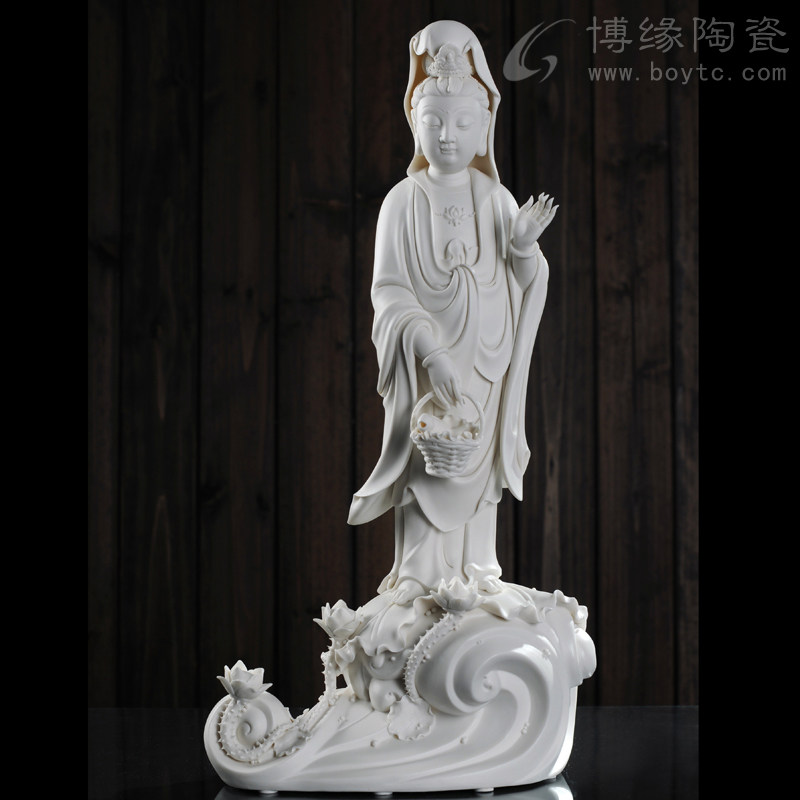 鱼篮观音 德化白瓷古典观世音站立佛像雕塑 家居办公装饰工艺摆件