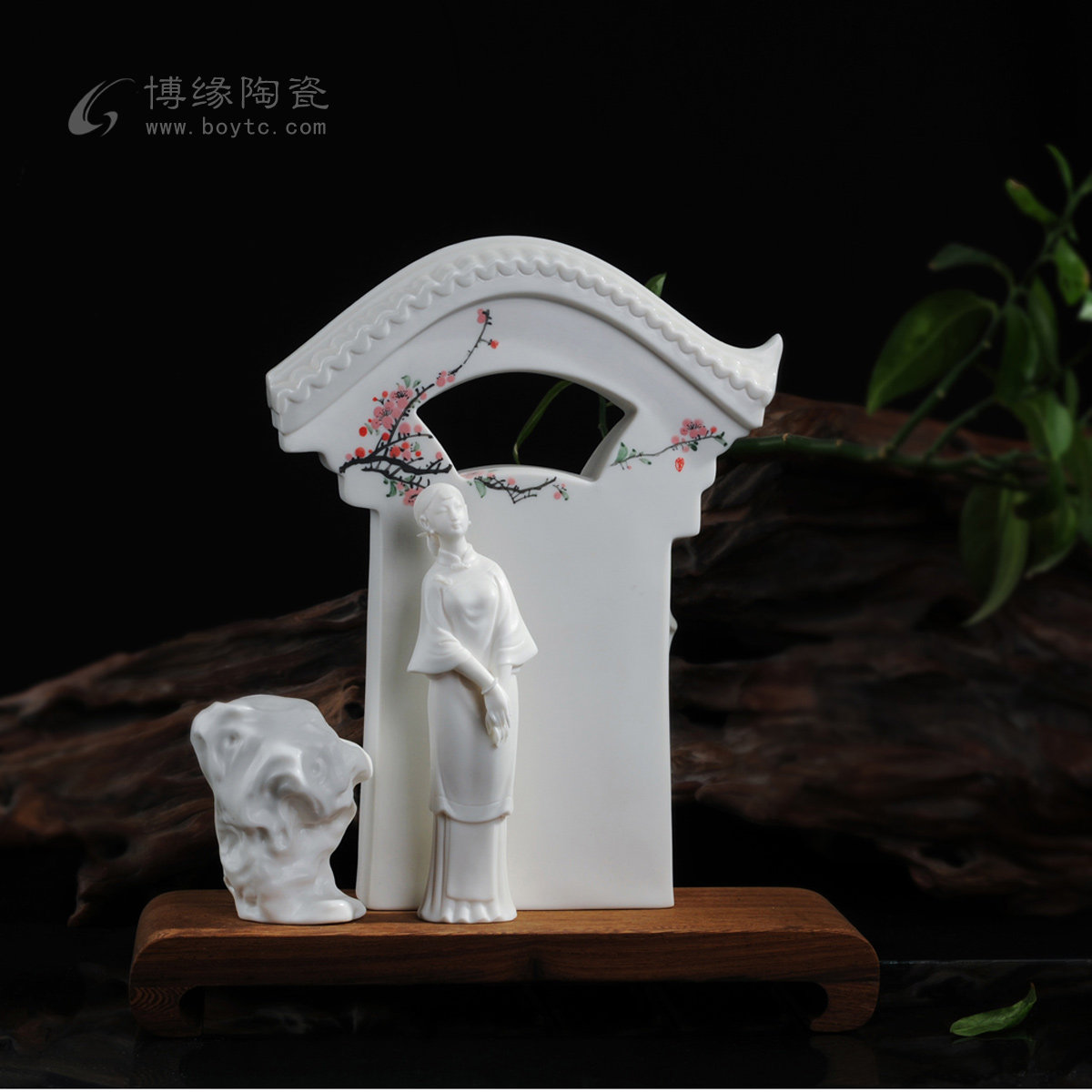 一枝春 德化白瓷古典明清仕女美女人物雕塑太湖石装饰工艺品摆件