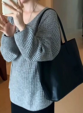 5968V领时尚镂空针织衫春秋新款女装韩版宽松遮肉套头毛衣