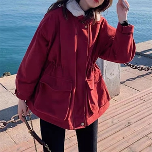 3976加绒工装派克服秋冬时尚女装新款韩版宽松收腰保暖外套上衣