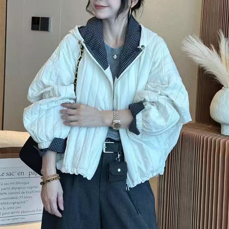 5586格子撞色连帽夹棉外套秋冬新款女装简约休闲夹克薄棉服