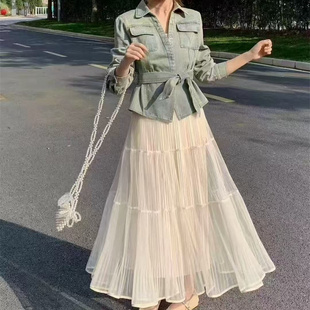 5229时尚套装春夏新款女装牛仔长袖衬衫+网纱半身裙两件套