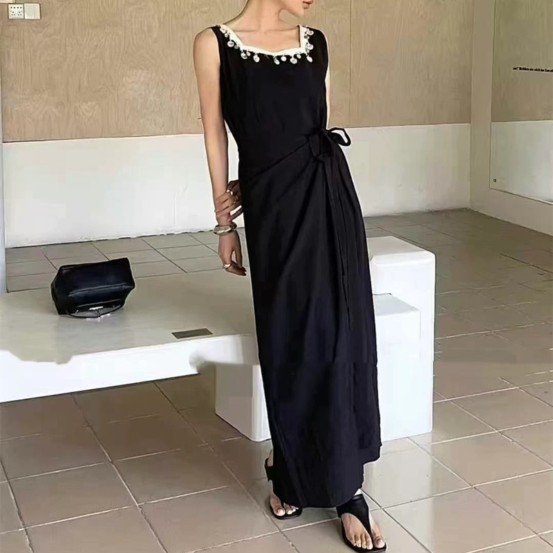 5475韩版简约方领绑带背心连衣裙夏季新款女装减龄收腰显瘦中长裙