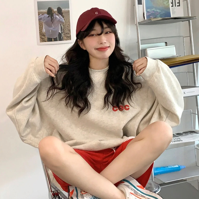 CEC卫衣女2022秋冬新款纯棉圆领宽松外套女长袖情侣款套头上衣潮
