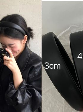 韩国ins博主同款纯黑色pu皮质厚发箍高颅顶显脸小头箍百搭发