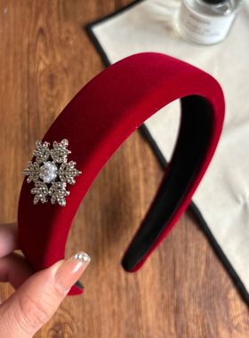 新年红色丝绒发箍女气质时尚雪花闪钻珍珠高级感高颅顶头箍发饰
