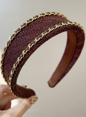 高品质小香风棕红色宽边链条发箍2025新款蝴蝶结发夹头饰设计感女