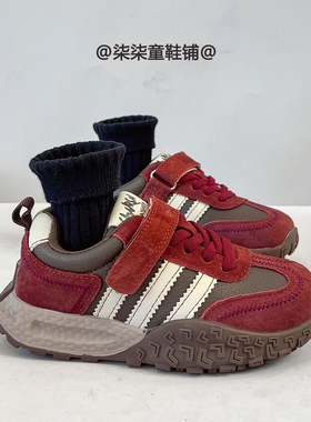 2025冬季新款女童红色真皮德训鞋儿童软底运动鞋男童百搭休闲板鞋