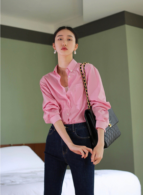 无有无印时髦复古抗皱粉色条纹长袖宽松棉质舒适百搭衬衫22097