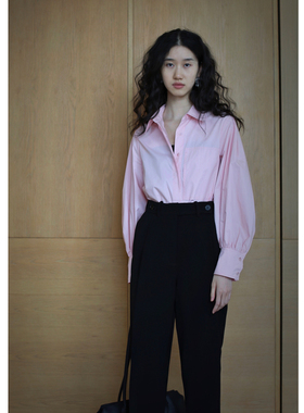 无有无印浅粉色时髦泡泡袖百搭通勤棉质舒适透气衬衫22119