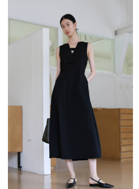 无有无印黑色V领无袖长款修身显瘦优雅蝴蝶结连衣裙24240