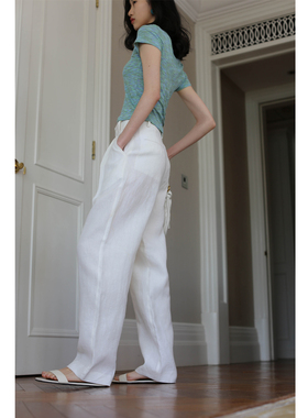 无有无印白色天然全亚麻透气高腰宽松阔腿休闲裤24070