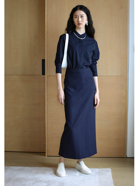 无有无印精细羊毛可水洗 立领显瘦百搭通勤深蓝色衬衫衬衣22171