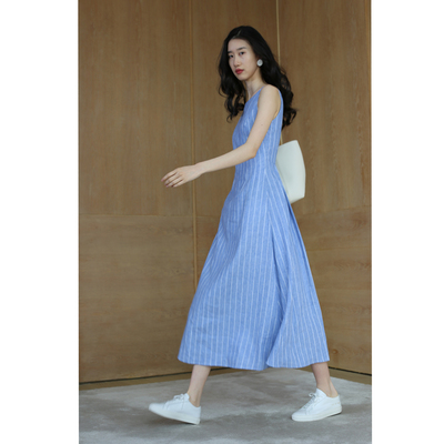 无有无印气质条纹蓝色吊带连衣裙