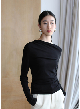 无有无印黑色斜襟领修身长袖针织衫显瘦上衣24268