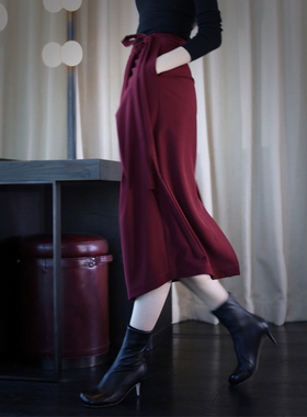 无有无印时髦显瘦中长款百搭高腰暗红系带开叉半身裙23255