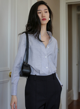 无有无印抗皱棉质灰色条纹长袖百搭通勤显瘦气质衬衫23208