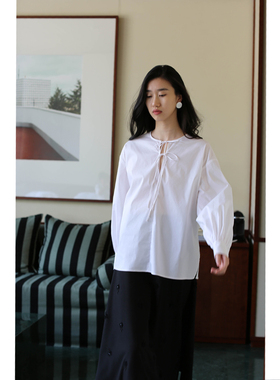 无有无印白色棉质抗皱长袖泡泡袖系带宽松休闲时髦衬衫24168