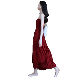 无有无印深酒红色褶皱显瘦包裹无袖抹胸式针织连衣裙23291