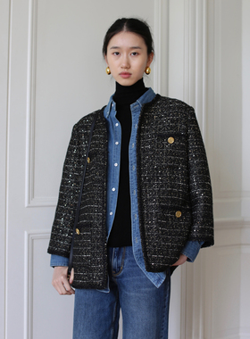 无有无印小香风亮片毛呢圆领小喇叭袖百搭时髦通勤外套22187