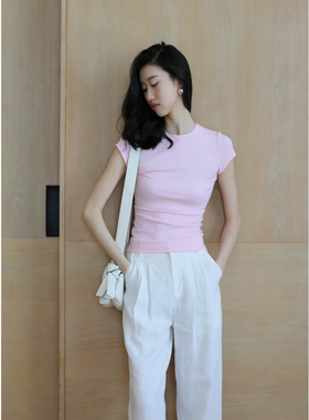 无有无印粉色棉质舒适透气圆领短袖修身显瘦百搭T恤24092