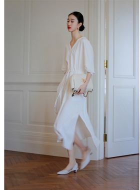 无有无印夏白色收腰开叉气质显瘦V领裙子长裙连衣裙23016