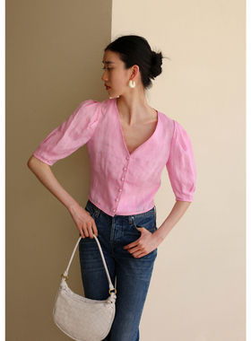 无有无印粉色亚麻舒适透气五分袖泡泡袖V领时髦短款衬衫24119