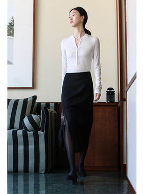 无有无印黑色高腰羊毛混纺中长款开叉显瘦百搭半身裙24158