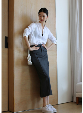 无有无印白色亚麻休闲POLO领宽松百搭长袖衬衫24097