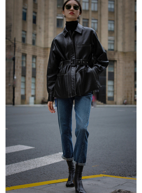 无有无印帅气时髦环保pu皮 显瘦收腰皮衣机车夹克外套21240